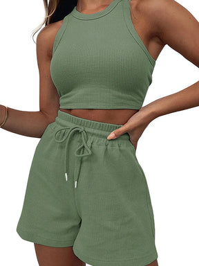 2024 Summer New Sleeveless Waffle Elegant Women's Sets Solid Color Sexy Waist Vest Casual Tethered Shorts Female's Two-Piece Set