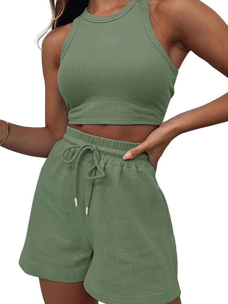 2024 Summer New Sleeveless Waffle Elegant Women's Sets Solid Color Sexy Waist Vest Casual Tethered Shorts Female's Two-Piece Set