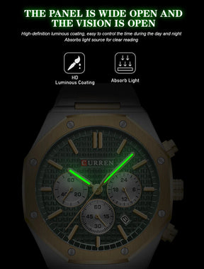 CURREN Fashion Casual Stainless Steel Band Quartz Wristwatches with Chronograph Waterproof Men's Watches