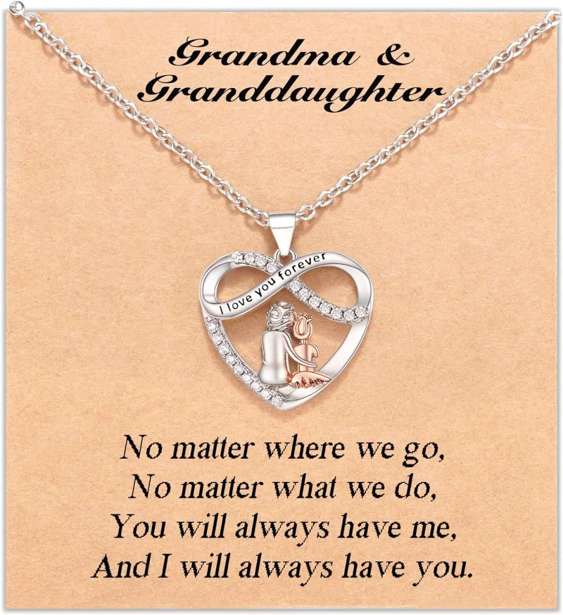 Grandma Granddaughter Necklace W Wish Card, Infinity Heart Pendant Birthday Mother's Day Christmas Gifts Jewelry for Women Girls