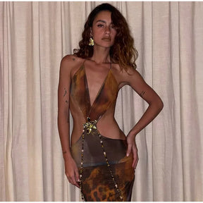 Sexy Printed V-neck Hollow Out Maxi Dress Women Fashion Backless Sleeveless High Waist Vestidos Summer Lady Party Dresses