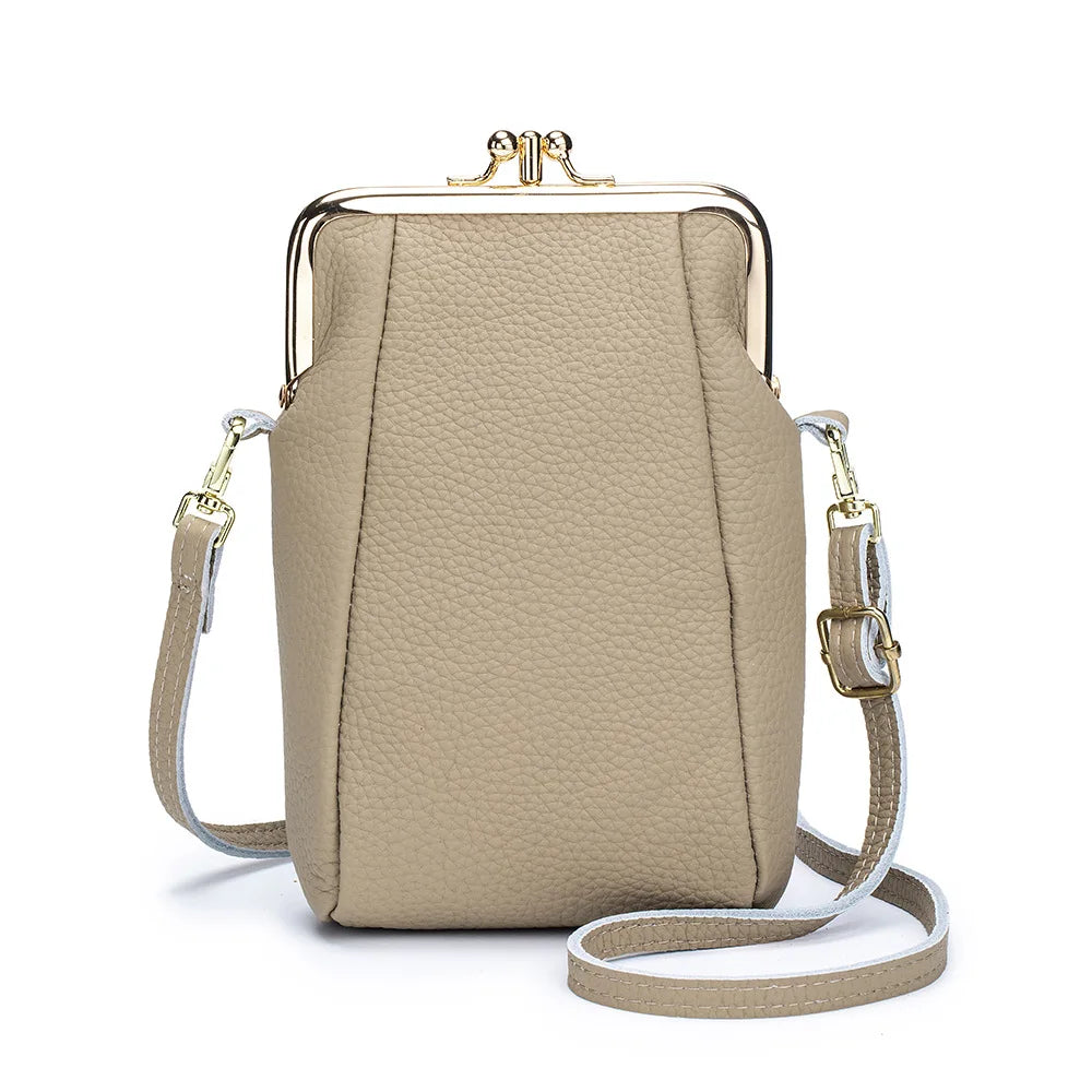 2024New Vintage Women Clip Bags Genuine Leather Mobile Phone Purse Bag Kiss Lock Crossbody Bags