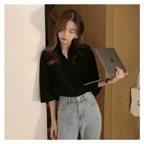 Korea One Pocket Loose Blouse Ins Summer French Sle Single-Breasted Round Neck Lace clothing Design sense fold Shirts Top