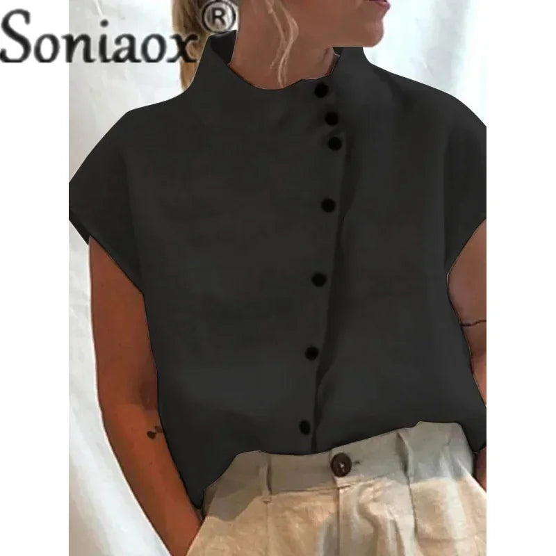 Elegant Cotton Linen Stand Neck Shirt Female 2023 Summer Simple Style Single-breasted Cardigan Tops Women's Casual Loose Blouse