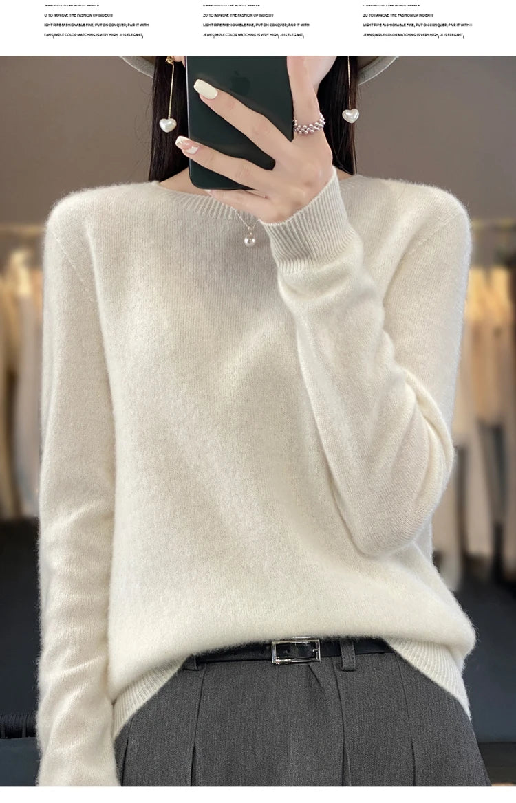 100% pure wool cashmere sweater women's O-neck pullover casual knit top autumn and winter women's coat Korean fashion
