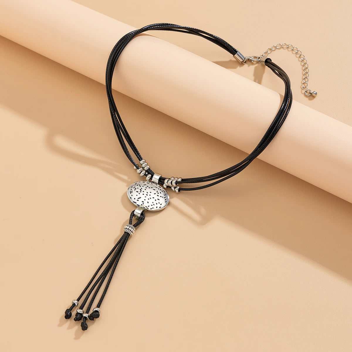 Lacteo Retro Leather Wax Necklace Women Round Silver Color Pendant Long Tassel Ethnic StyleThread Chain Neck Jewelry New Year