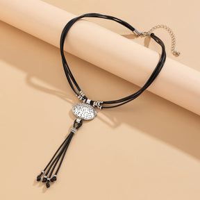 Lacteo Retro Leather Wax Necklace Women Round Silver Color Pendant Long Tassel Ethnic StyleThread Chain Neck Jewelry New Year
