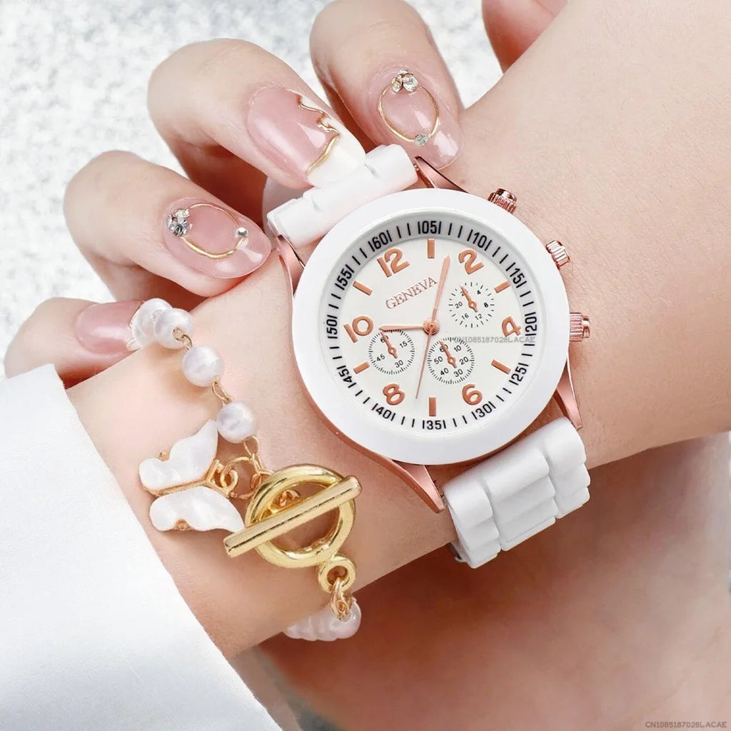 6PCS/Set Women's Watches Casual Silicone Band Analog Quartz Watch Heart Pearls Jewelry Set(Without Box)