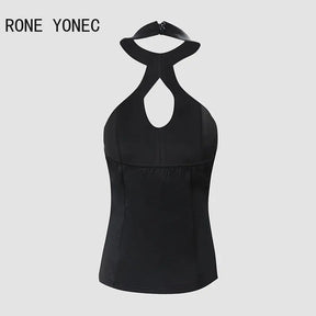 Women Chic Sexy Hollow out  Halter Sleeveless Rhinestone Decoration Summer Casual Sexy Camis Crop Tops