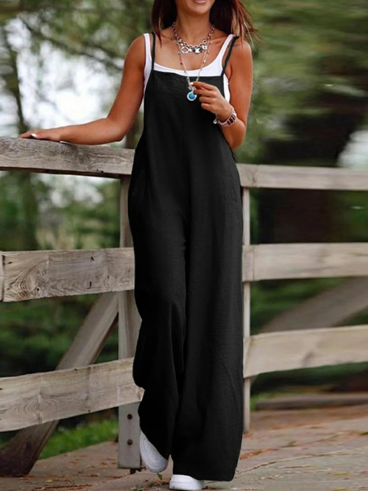 Summer Women Jumpsuit Backless Sleeveless Spaghetti Strap Wide Leg Lady Jumpsuit Deep Crotch Pockets Full Length Female Jumpsuit