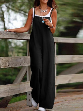Summer Women Jumpsuit Backless Sleeveless Spaghetti Strap Wide Leg Lady Jumpsuit Deep Crotch Pockets Full Length Female Jumpsuit