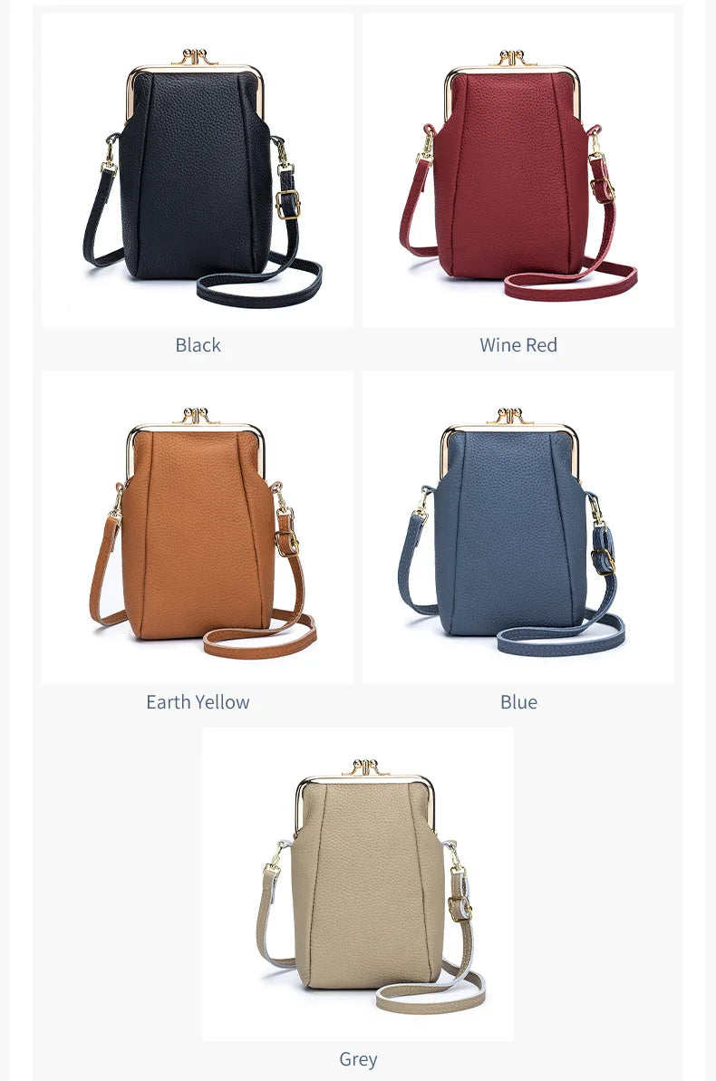 2024New Vintage Women Clip Bags Genuine Leather Mobile Phone Purse Bag Kiss Lock Crossbody Bags