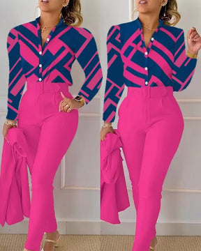 Elegant Women Printed Two Piece Suit Sets Spring Autumn V Neck Long Sleeve Shirt Top & Long Pants Set With Belt Workwear Outfits