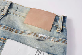 Purple jeans Men Fashion American high street brand Vintage wash blue paint distressed hole Repair Low Rise Skinny Denim pant