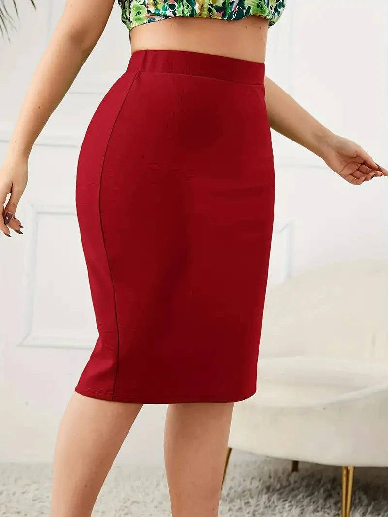 2024 Summer Plus Size Solid Slim Skirt, Casual High Waist Slit Skirt, Women's Plus SizeClothing