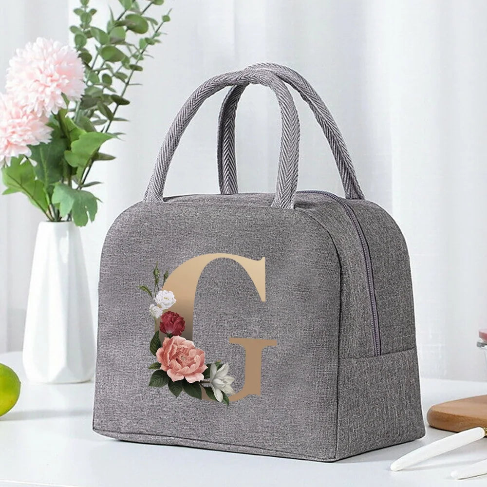 Thermal Food Picnic Lunch Box Insulated School Child Tote Lunch Bags for Work Cute Gold Letter Pattern Cooler Bag for Women