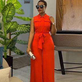 2024 Spring Summer Sleeveless Wide Leg Jumpsuit Women Turn-down Neck Pocket Front Zipper Fly Street One Piece Suit Playsuits
