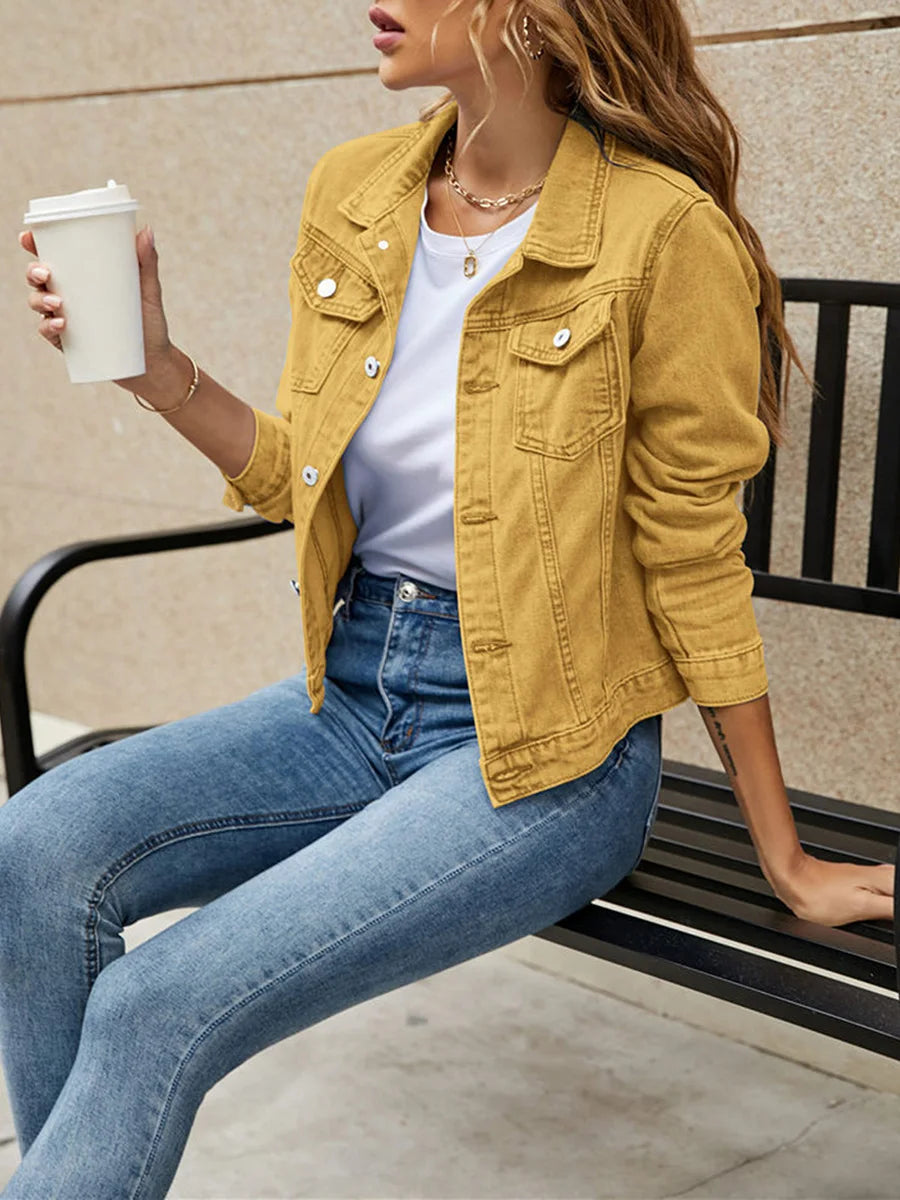 Women Denim Jacket Solid Color Black Blue Yellow Pink Red Casual Long Sleeve Button Down Chest Pocket Jean Jacket