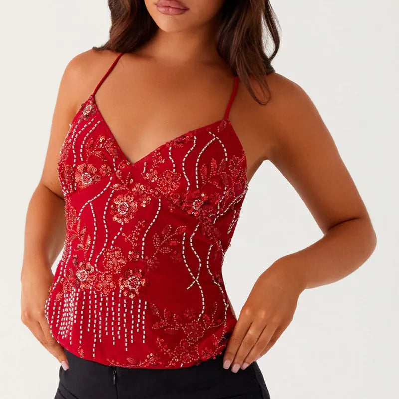 hirigin Sequin Halter Crop Tops for Women Y2k Pearl Embellished Cami Tops Summer Glitter V Neck Rhinestone Camisole Tank Shirt