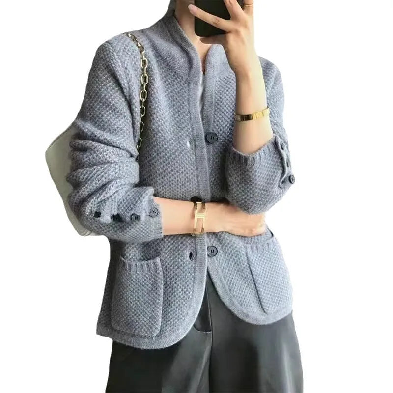 OMCHION Sueter Mujer Invierno 2024 Half-high Neckline Solid Color Short Turtleneck New Cardigan Vintage Women Sweaters Knitwear