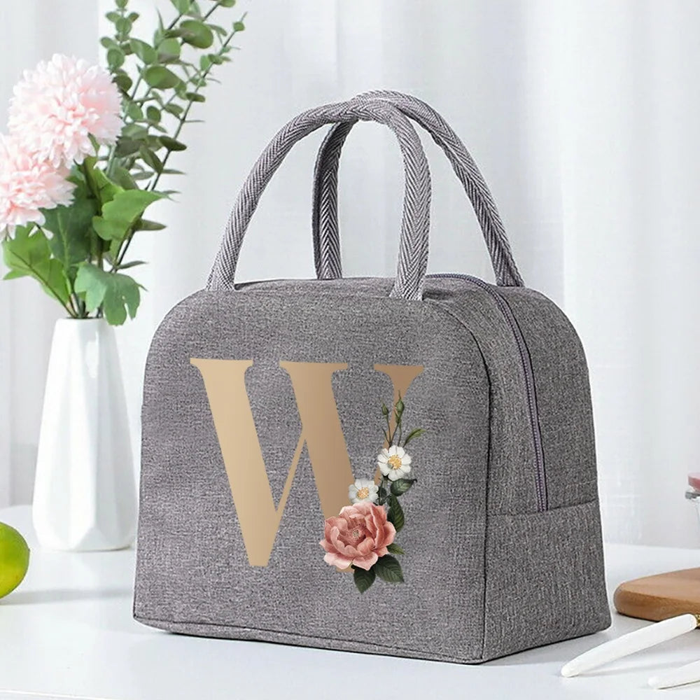 Thermal Food Picnic Lunch Box Insulated School Child Tote Lunch Bags for Work Cute Gold Letter Pattern Cooler Bag for Women
