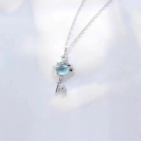 Blue Planet Meteor Shower Key Pendant Necklace Tiny Silver Color Clavicle Chain Collar for Women Friendship Jewelry
