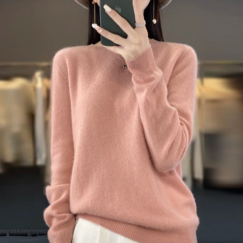 100% pure wool cashmere sweater women's O-neck pullover casual knit top autumn and winter women's coat Korean fashion