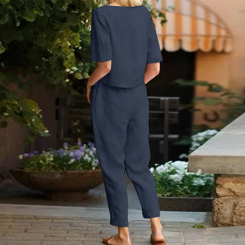 Women's Pullover Shirt And Pants Two-piece Set 2024 Women's Cotton And Linen Summer Suit Short Sleeved O-neck Outfit Pants