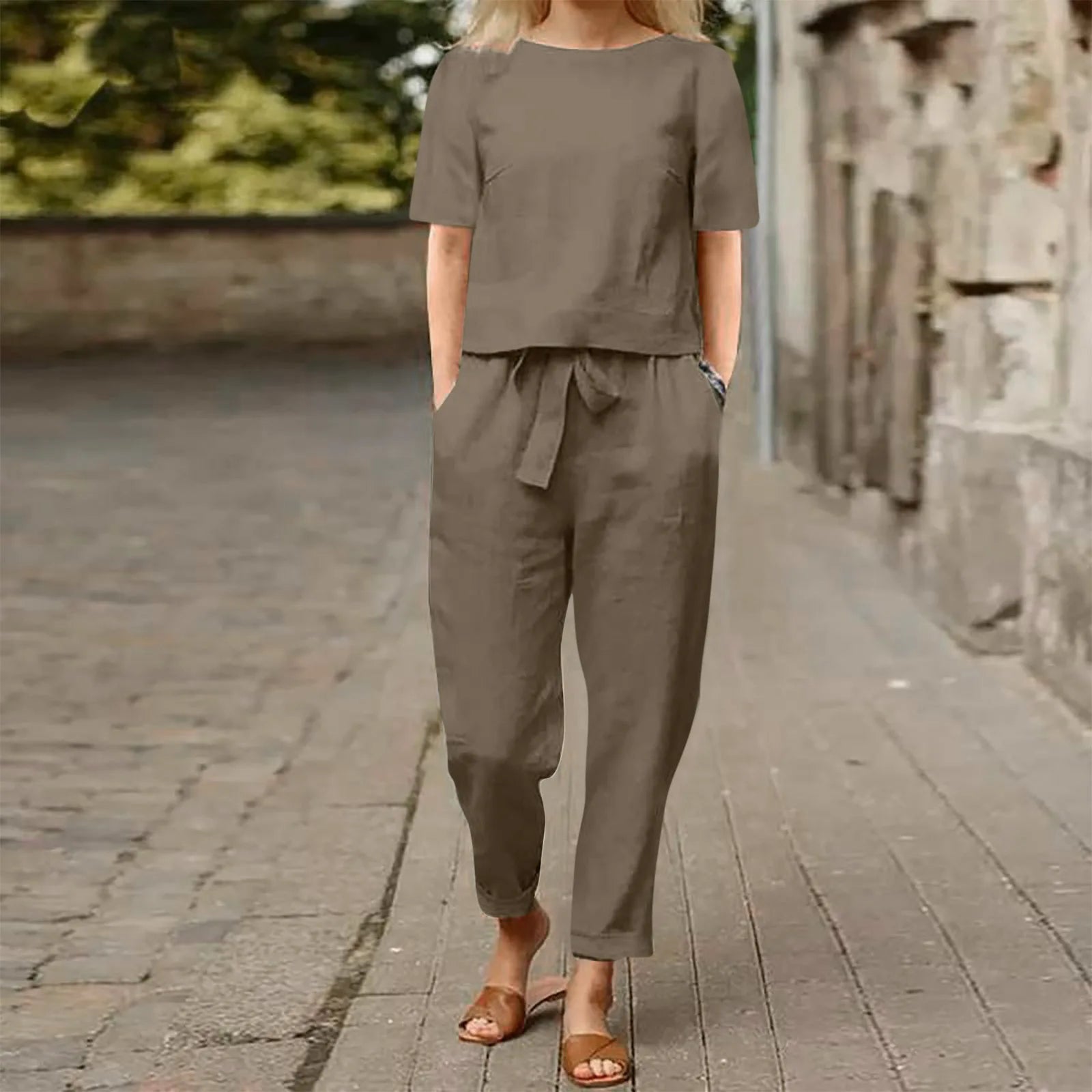 Women's Pullover Shirt And Pants Two-piece Set 2024 Women's Cotton And Linen Summer Suit Short Sleeved O-neck Outfit Pants