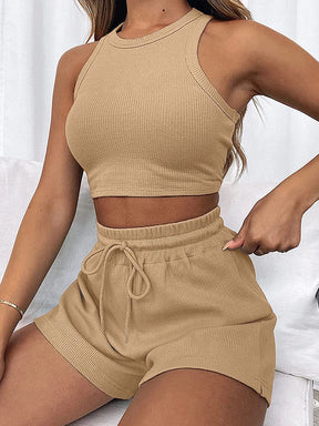 2024 Summer New Sleeveless Waffle Elegant Women's Sets Solid Color Sexy Waist Vest Casual Tethered Shorts Female's Two-Piece Set