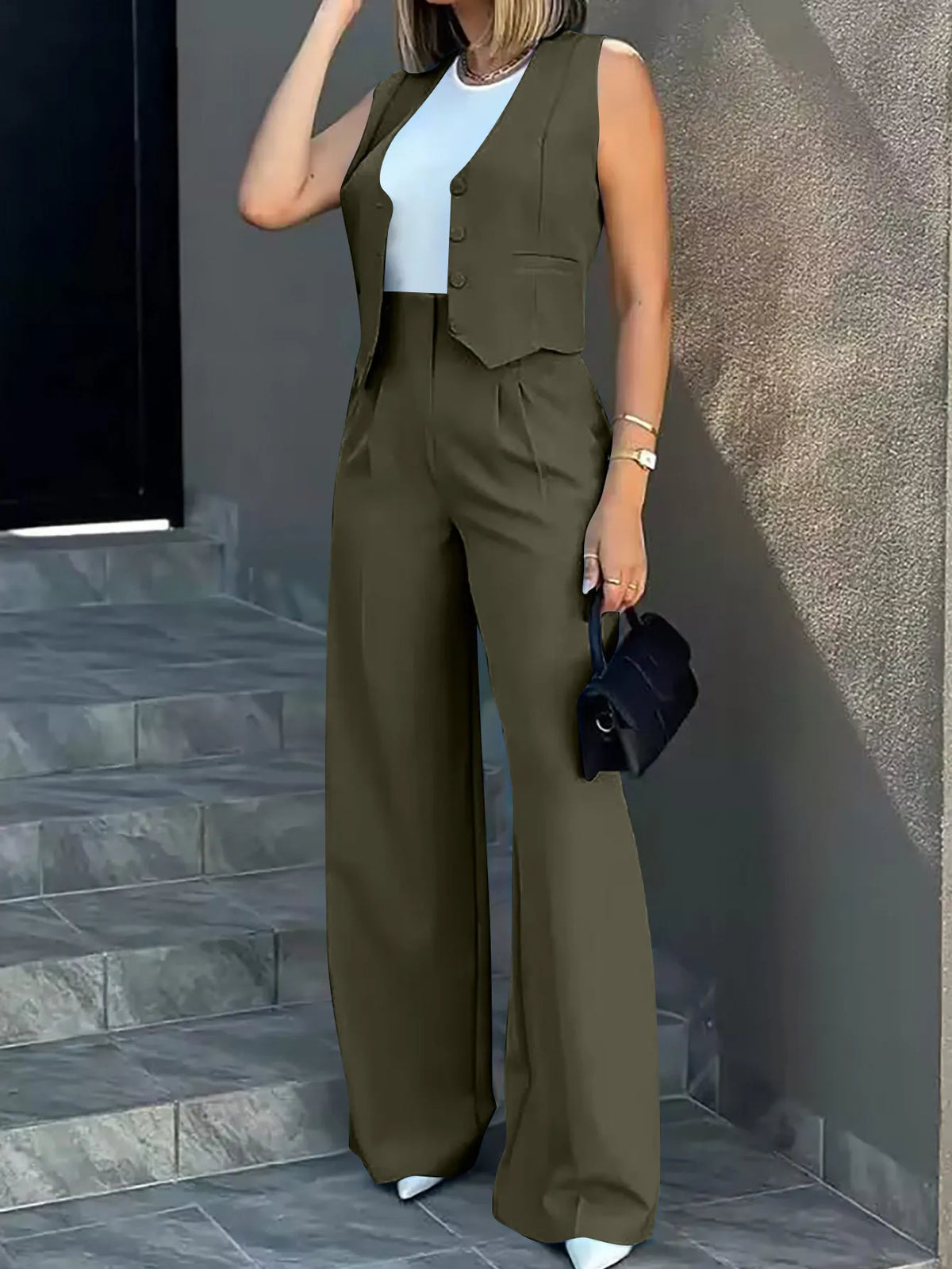 2024 Spring Summer Simple Graceful New Fashion Suit Vest Jacket Wide Leg Pants Casual Suit