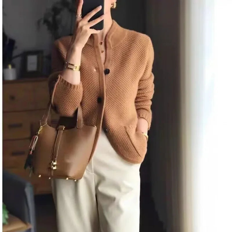 OMCHION Sueter Mujer Invierno 2024 Half-high Neckline Solid Color Short Turtleneck New Cardigan Vintage Women Sweaters Knitwear