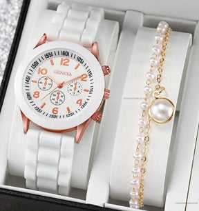 6PCS/Set Women's Watches Casual Silicone Band Analog Quartz Watch Heart Pearls Jewelry Set(Without Box)