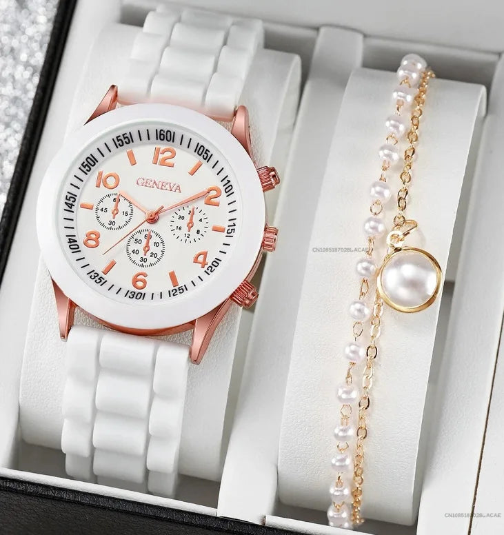 6PCS/Set Women's Watches Casual Silicone Band Analog Quartz Watch Heart Pearls Jewelry Set(Without Box)