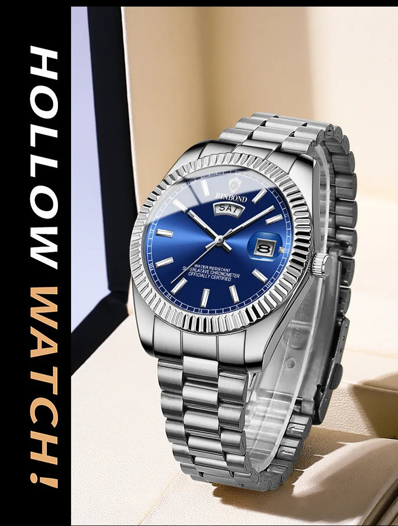 BINBOND B7012 Mens Fashion Business Sports Quartz Watch 30M Waterproof Luminous Classic Calendar Creative Clock Mens Wristwatch