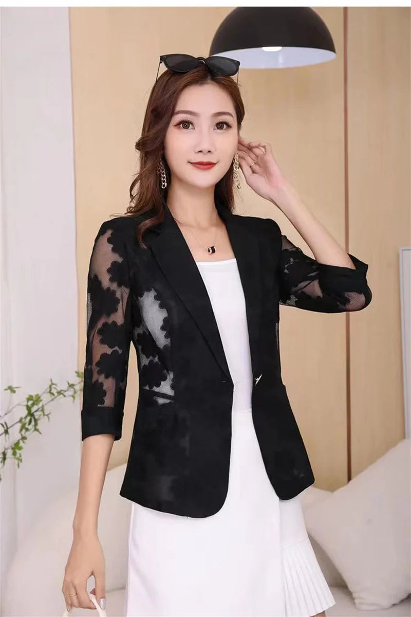 Women Blazer Jacket Spring Summer New Thin Cardigan Sun Protection Clothing Hollow Lace Three-quarter Sleeve Suit Top Ladies