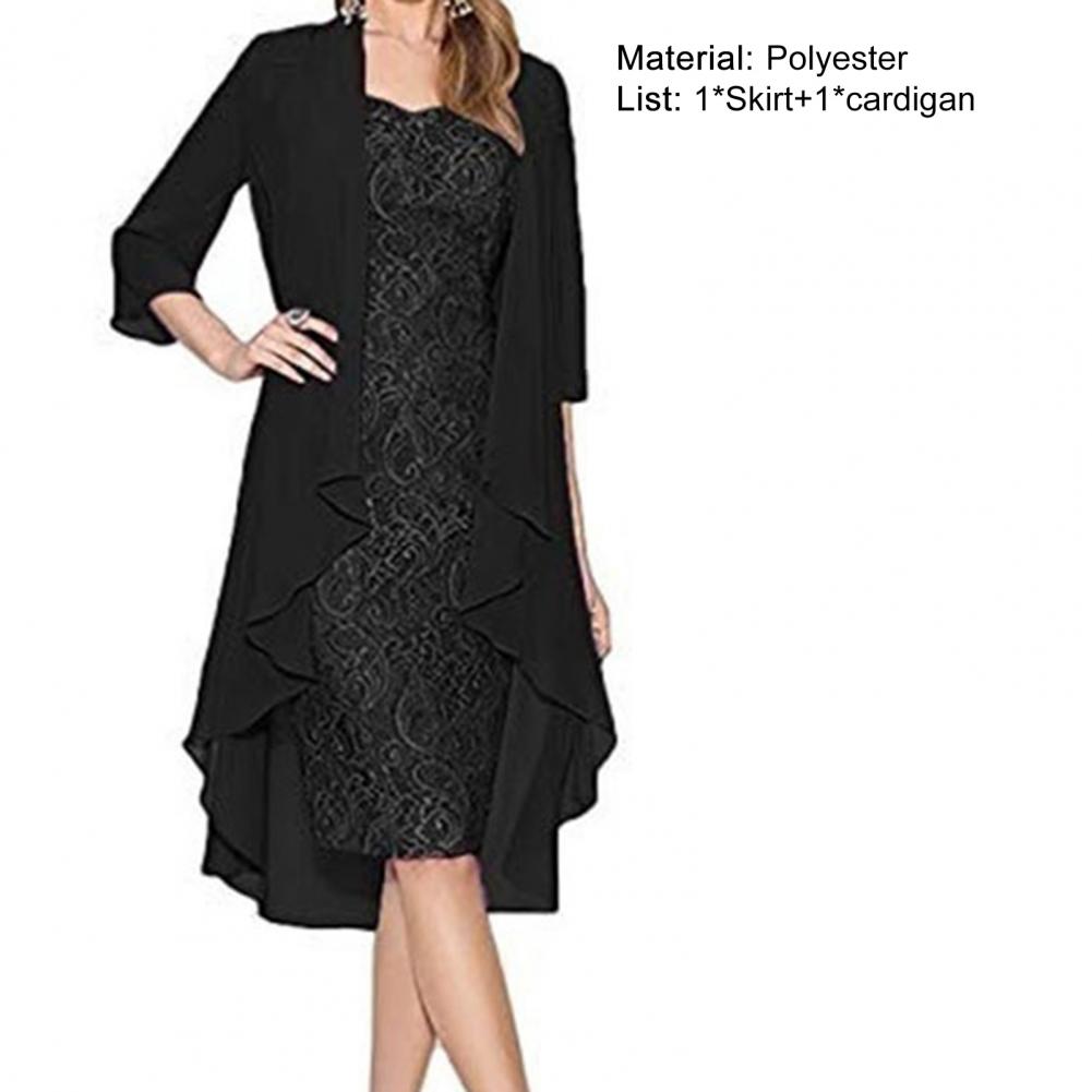 Formal Dress Set Women Outfit Elegant Flower Pattern Lace Vintage Two Pieces Set Women Knitted Cardigan Dress Banquet