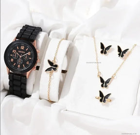 6PCS/Set Women's Watches Casual Silicone Band Analog Quartz Watch Heart Pearls Jewelry Set(Without Box)