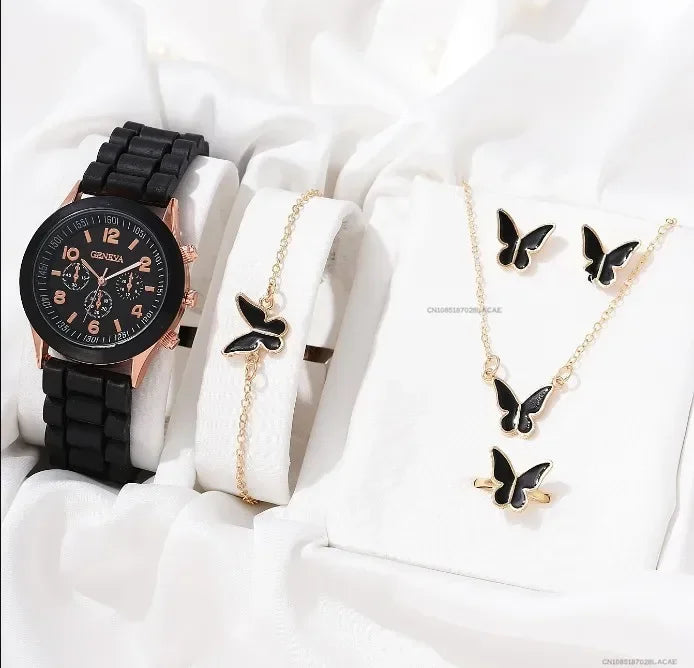 6PCS/Set Women's Watches Casual Silicone Band Analog Quartz Watch Heart Pearls Jewelry Set(Without Box)