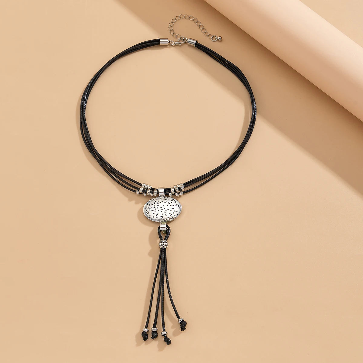 Lacteo Retro Leather Wax Necklace Women Round Silver Color Pendant Long Tassel Ethnic StyleThread Chain Neck Jewelry New Year