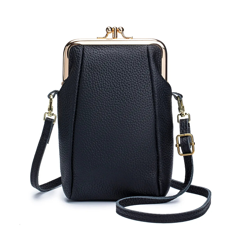 2024New Vintage Women Clip Bags Genuine Leather Mobile Phone Purse Bag Kiss Lock Crossbody Bags