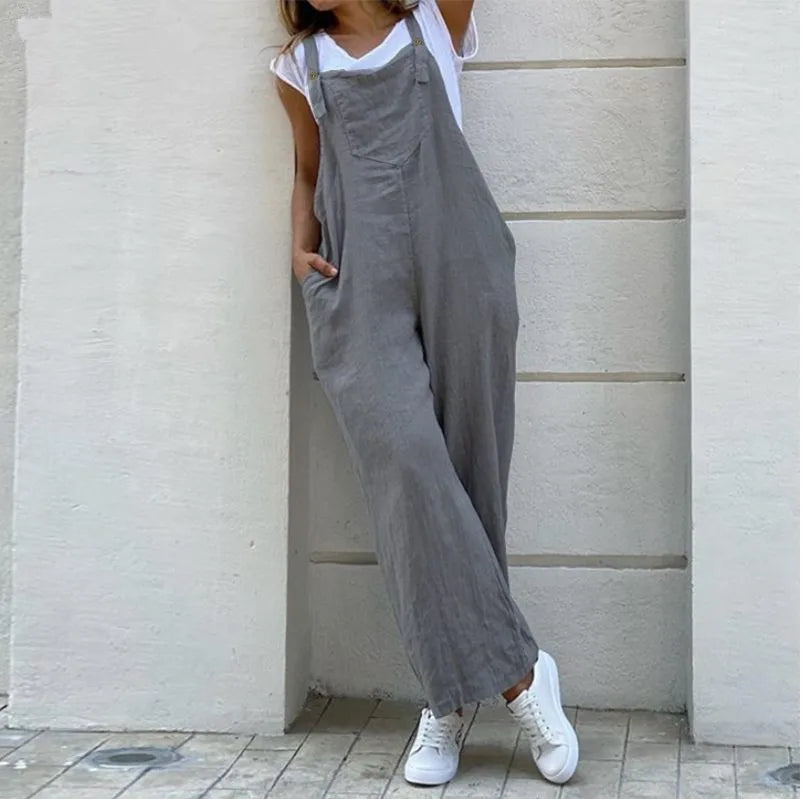 Women Wide Leg Pants Summer Adjustable Strap Pocket Loose Cotton Linen Overalls JYFS-JY1850