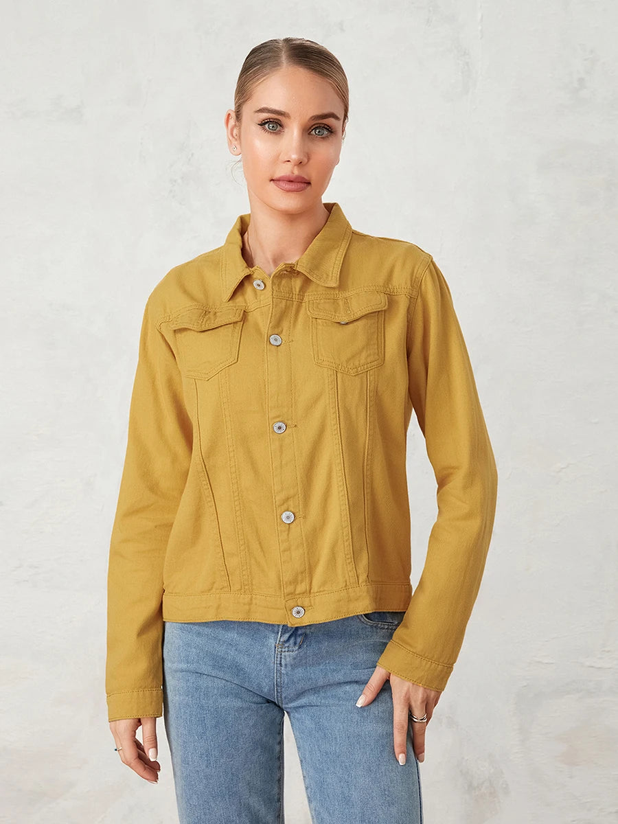 Women Denim Jacket Solid Color Black Blue Yellow Pink Red Casual Long Sleeve Button Down Chest Pocket Jean Jacket