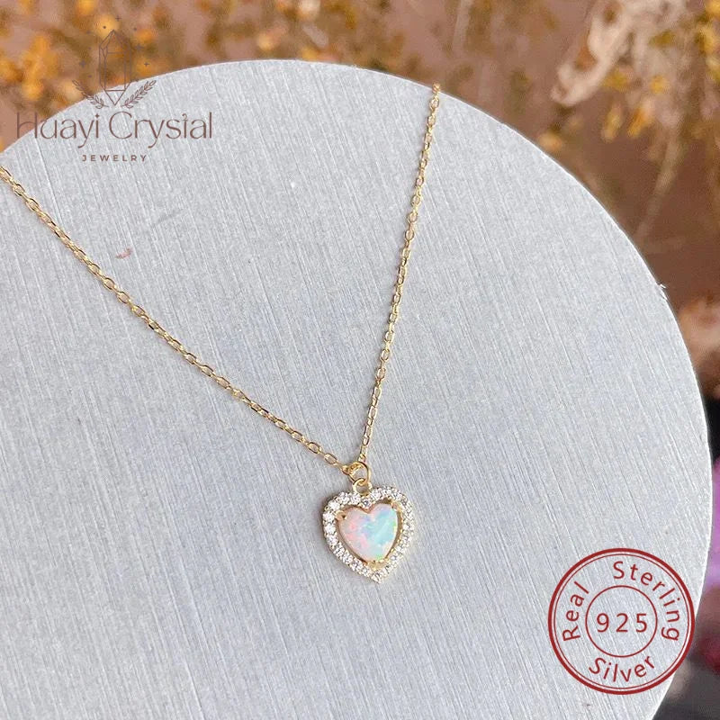 925 Silver Opal Heart shaped Necklace fashion For Match Clavicle Chain Necklace
