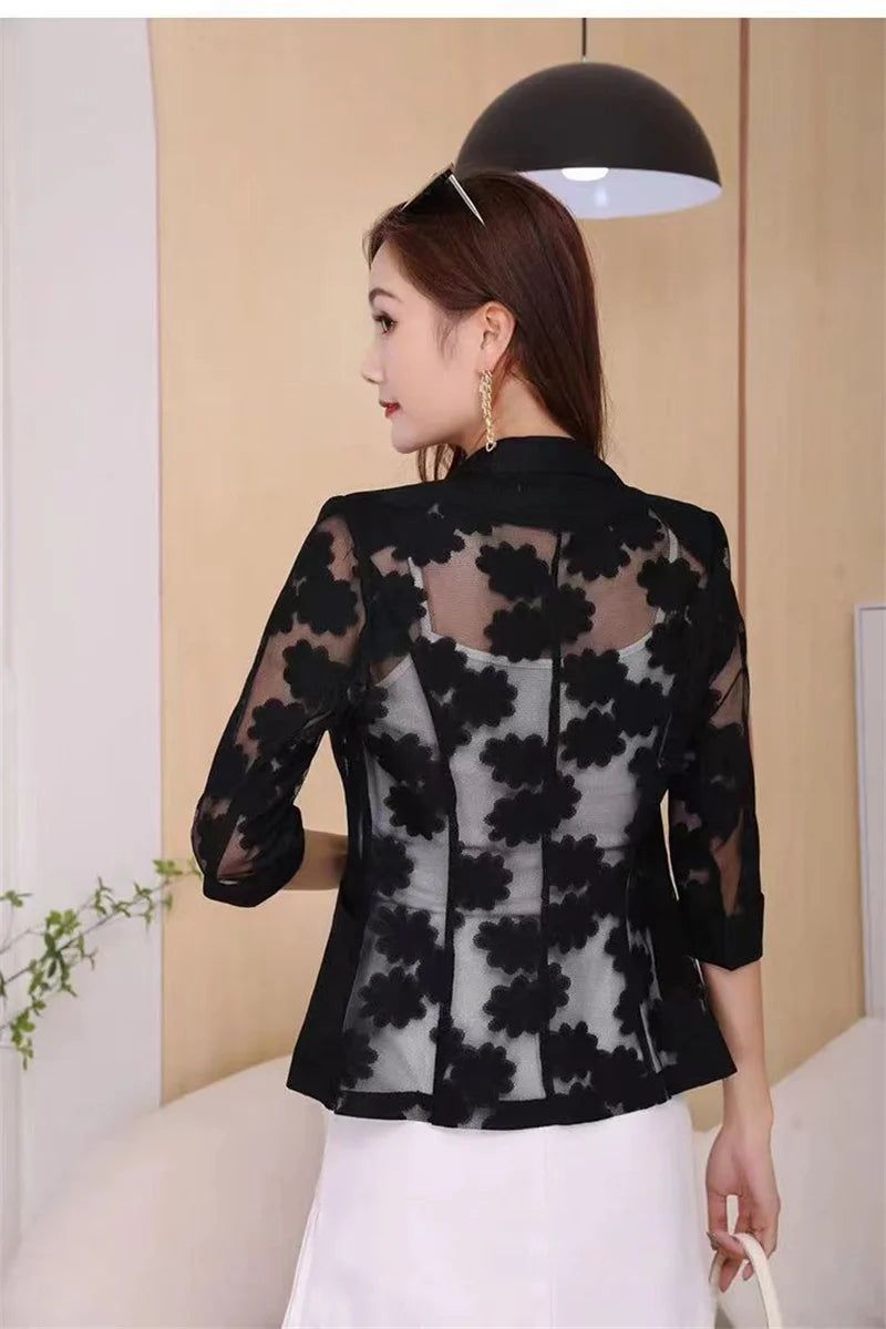 Women Blazer Jacket Spring Summer New Thin Cardigan Sun Protection Clothing Hollow Lace Three-quarter Sleeve Suit Top Ladies