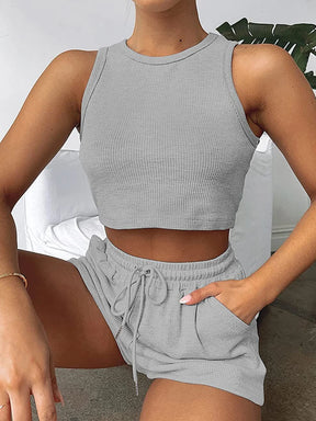 2024 Summer New Sleeveless Waffle Elegant Women's Sets Solid Color Sexy Waist Vest Casual Tethered Shorts Female's Two-Piece Set