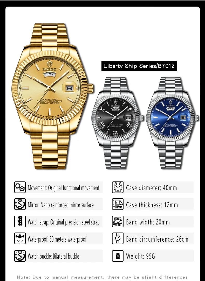 BINBOND B7012 Mens Fashion Business Sports Quartz Watch 30M Waterproof Luminous Classic Calendar Creative Clock Mens Wristwatch