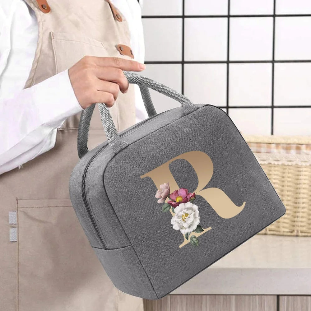 Thermal Food Picnic Lunch Box Insulated School Child Tote Lunch Bags for Work Cute Gold Letter Pattern Cooler Bag for Women