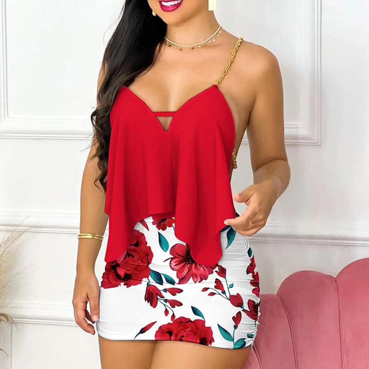 Short Sets 2025 Summer Women Top And Skirt Set With Fine Sling, Two Piece Elegant Suit With Open Back And Chain Conjuntos Para
