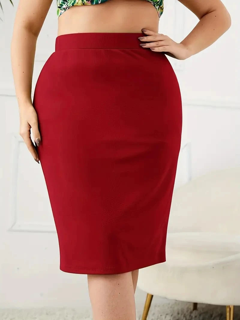 2024 Summer Plus Size Solid Slim Skirt, Casual High Waist Slit Skirt, Women's Plus SizeClothing